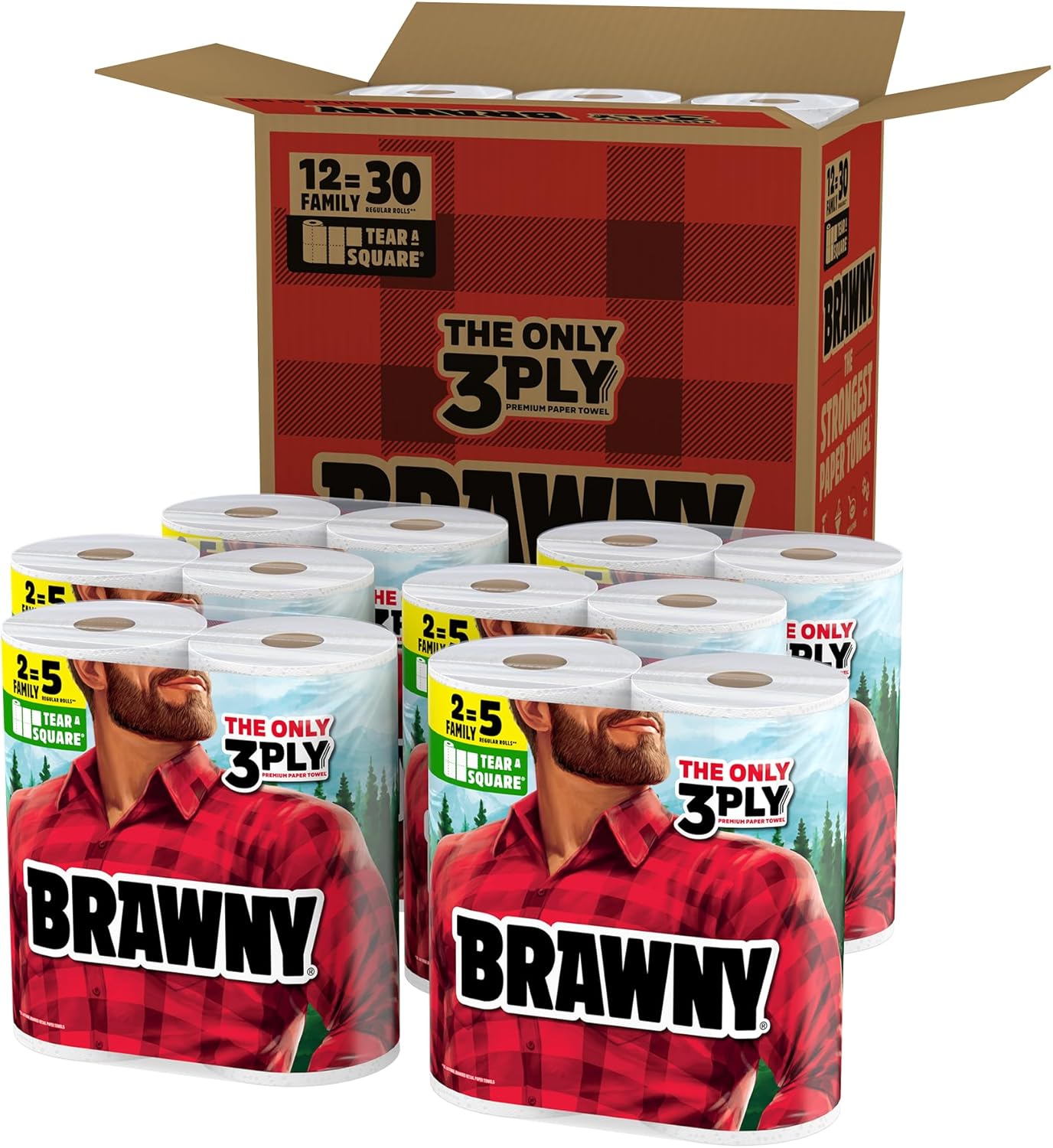 Brawny Paper Towels - 3-Ply Tear-A-Square, Strong & Absorbent | 12 XL Family Rolls (30 Regular Rolls)