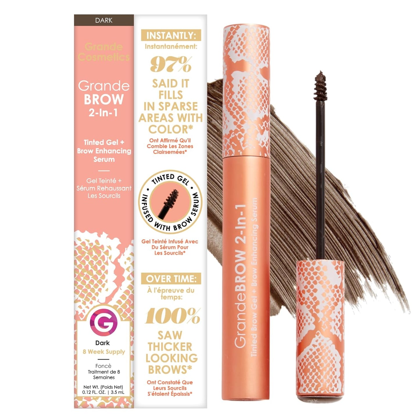 Grande Cosmetics GrandeBROW Tinted Brow Gel & Enhancing Serum - Thicker, Darker Brows with Castor Oil | Long-Lasting Formula