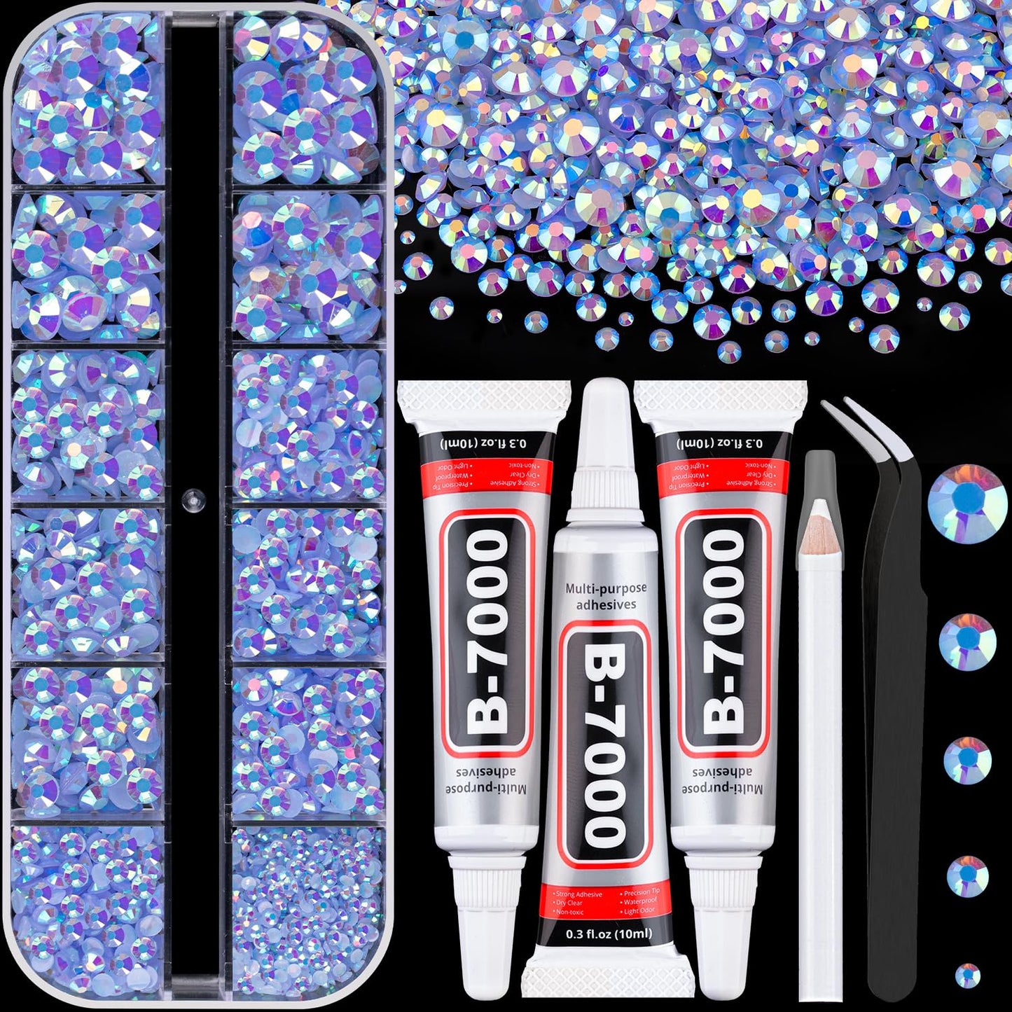 32000 Pcs Black Rhinestones - Flatback Resin Gems for Bedazzling | Jewelry Glue & Tweezers Included