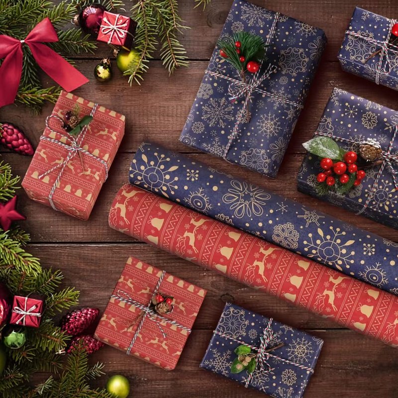 AhfuLife 2 Rolls Christmas Wrapping Paper - 17 Inch × 49.2 Feet Per Roll, Recyclable Blue Red Kraft Xmas Wrapping Paper Roll for Christmas Gift Box Birthday Party Decoration -138 sq. ft. ttl
