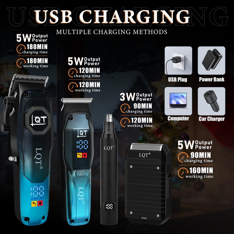 LQT Professional Hair Clippers for Men, Cordless Beard Trimmer Kit with Nose Trimmer & LED Display - Electric Shaver & Haircut Machine for Barbers