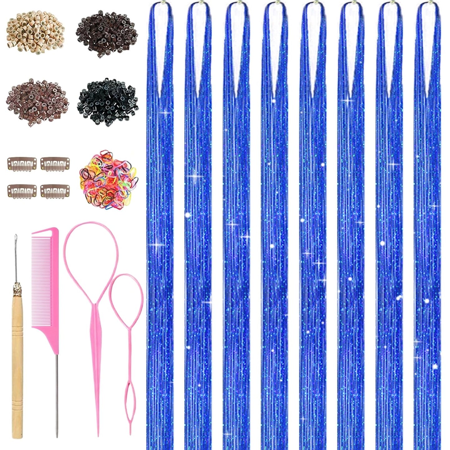 Blue Hair Tinsel, 8 Pcs Fairy Hair Tinsel Kit for Girls Women 48 Inch 3200 Strands with Tools Hair Accessories Glitter Tinsel Hair Extensions for Party Festival Christmas (Blue)