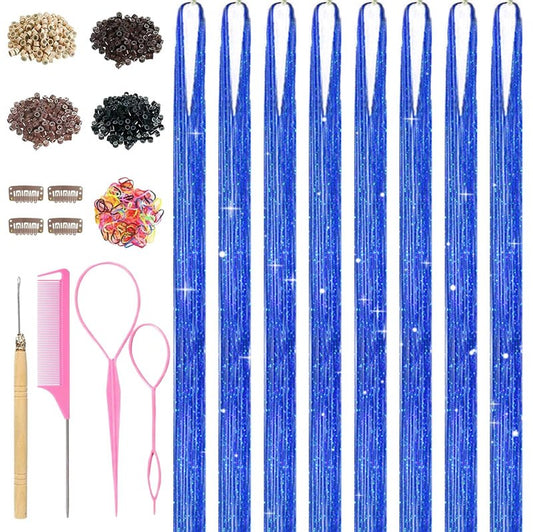 Blue Hair Tinsel, 8 Pcs Fairy Hair Tinsel Kit for Girls Women 48 Inch 3200 Strands with Tools Hair Accessories Glitter Tinsel Hair Extensions for Party Festival Christmas (Blue)