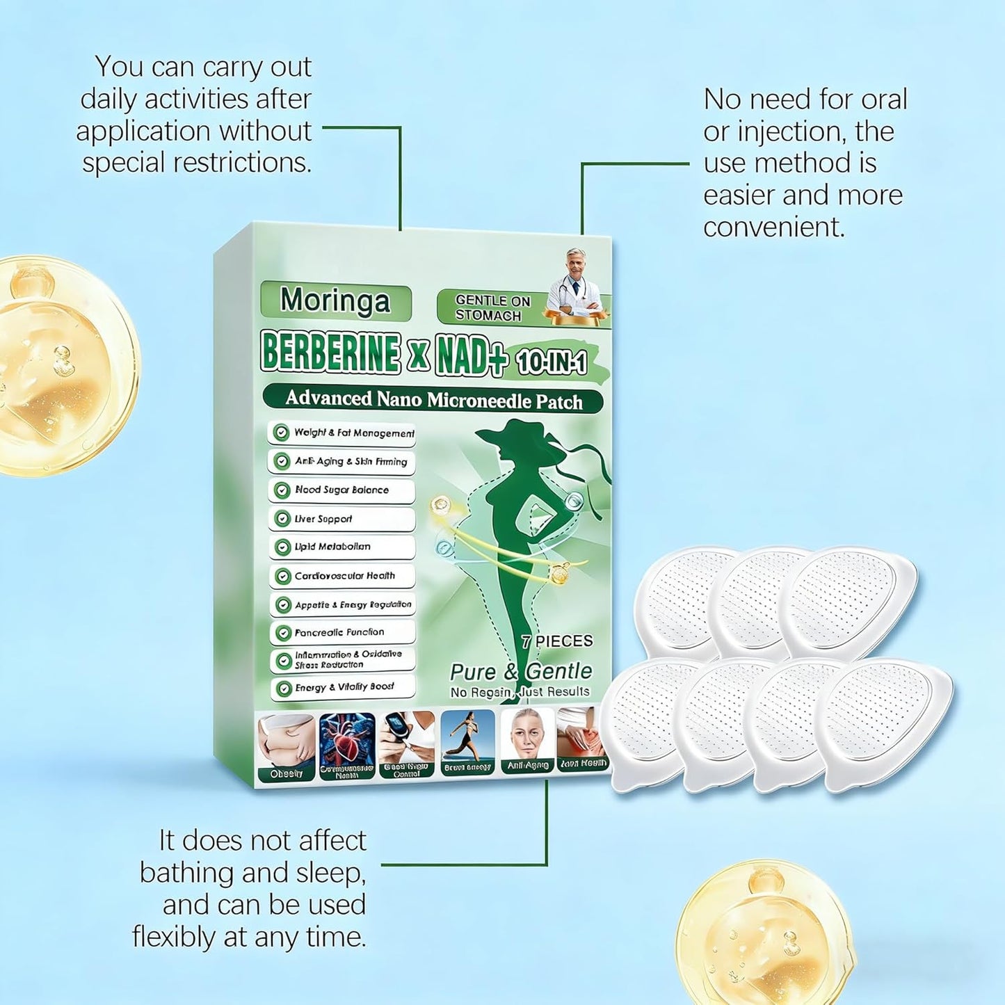 Moringa Berberine Patches - 10-in-1 Nano Microdarts Herbal Body Patch for All Skin Types | Unisex
