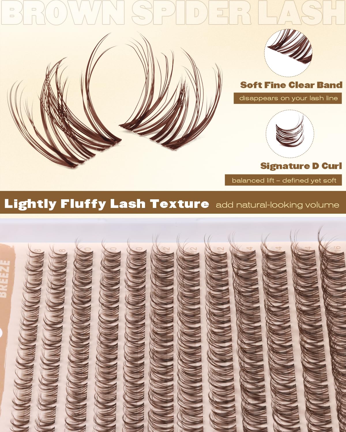 Brown Spider Lash Clusters - Natural Fluffy Eyelash Extensions | 8-16MM Wispy D Curly Dark Brown Lashes for DIY Beginners
