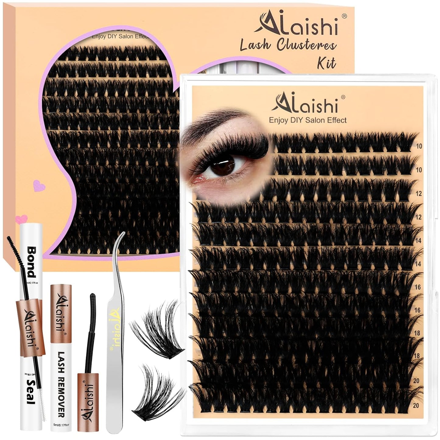 DIY Cluster Eyelash Extensions Kit - 224pcs Fluffy D Curl Lashes | 9-16mm, Bond & Seal, Tweezers Included