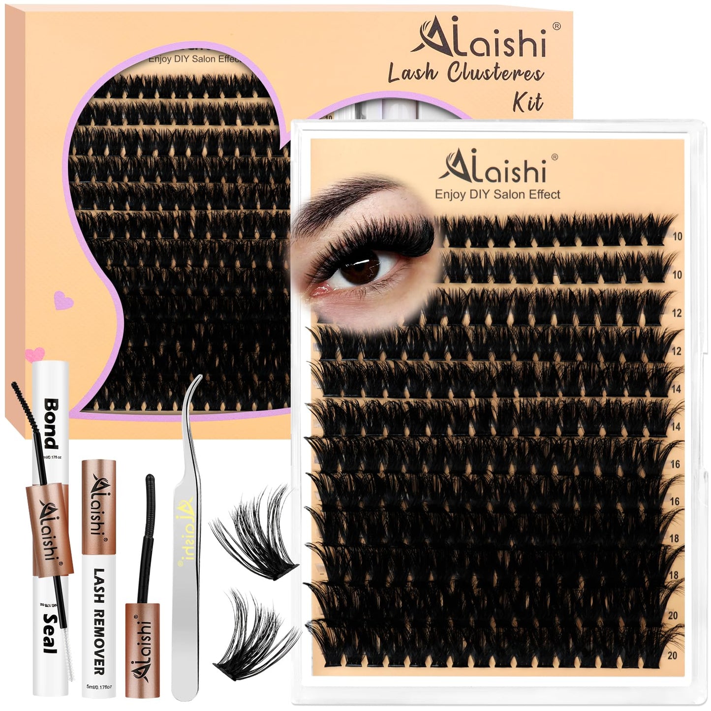 AILAISHI Lash Clusters Kit, DIY Cluster Eyelash Extensions 10‑20mm, 100D, 192pcs Fluffy D Curl Natural Lashes with Bond & Seal,Remover,Tweezers, Fake Cat Eye Individual Clusters