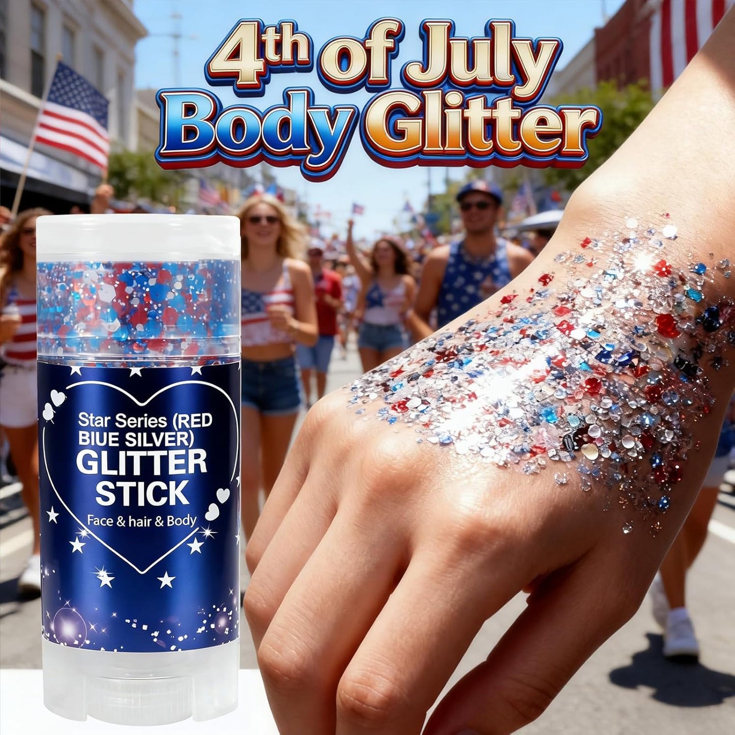 Patriotic Red White and Blue Glitter Stick - USA Flag Body Makeup for 4th of July | Perfect for Independence Day Celebrations
