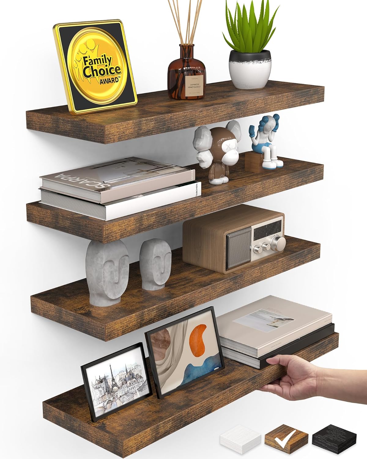 Floating Shelves Set of 2 - Rustic Wood Wall Mounted | 22.5 Inches for Bathroom, Bedroom, Living Room, Kitchen - 22lbs Capacity, Rustic Brown