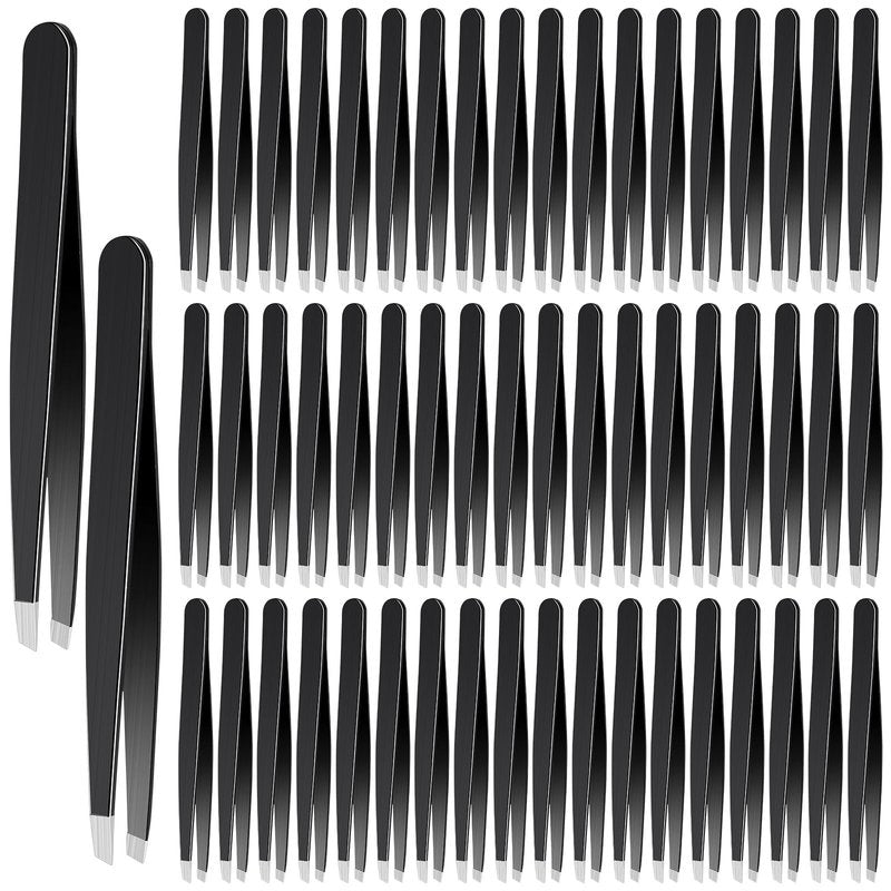 Lasnten 64 Pieces Eyebrow Tweezers Bulk for Women Men Slanted Precision Stainless Steel Tweezers for Facial Hair Removal Chin Hair Eyelash Extension Plucking Blackhead Grooming Self-care(Black)