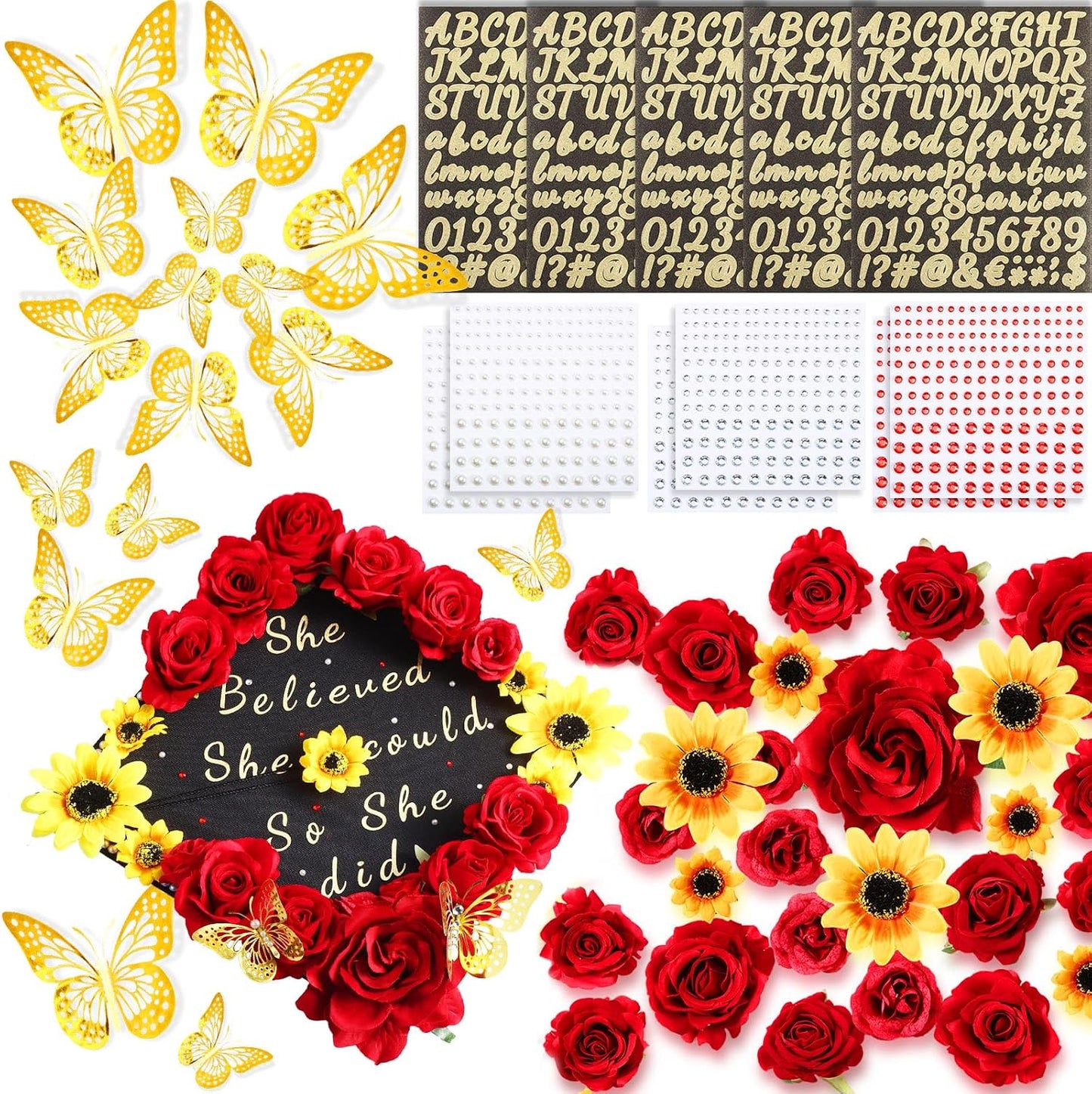 DIY Graduation Cap Decorations Kit - Faux Flowers, 3D Butterflies & Rhinestones | Pink Grad Cap Topper for 2026