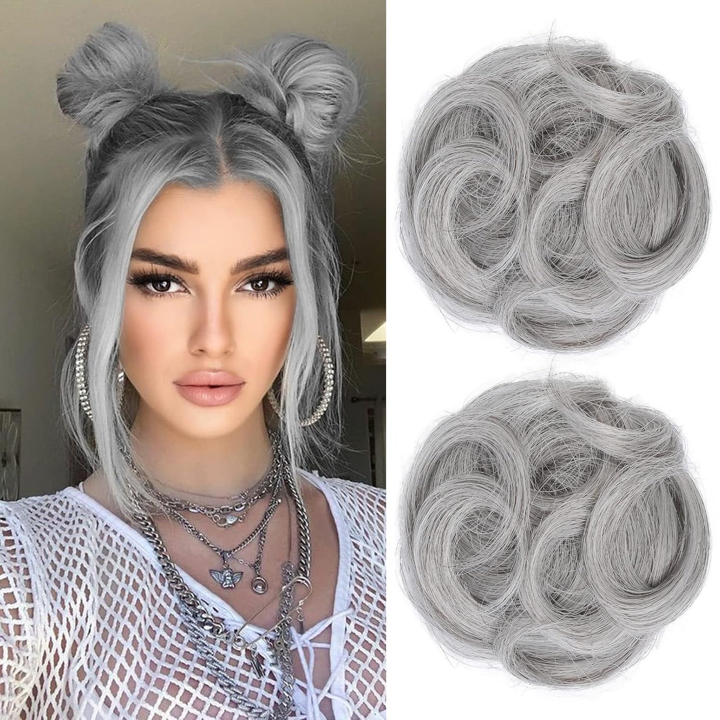 REECHO Mini Claw Clips - Messy & Cat Ears Hair Bun Extensions | 2-Pack, 3.5" Wavy, Natural Black