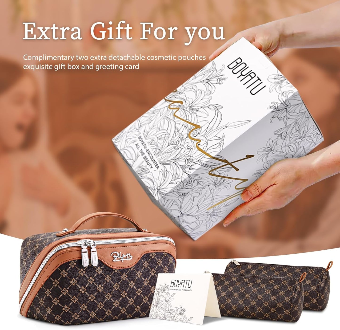 Travel Makeup Bag Set - Large Vegan Leather Cosmetic Organizer with Handle | 3 Pcs Portable Toiletry Bags in Coffee