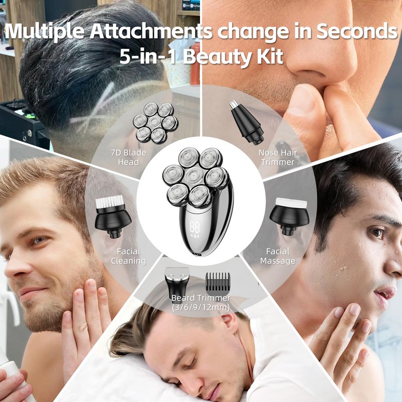 Head Shaver for Bald Men, 7D Electric Rechargeable Wet/Dry Shaving Razor with LED Display, 5-in-1 Grooming Kit Waterproof Bald Head Trimmer, Ideal Gift for Men (Silver)