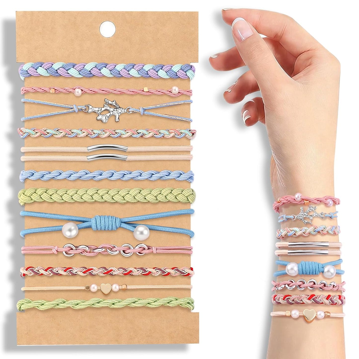 10PCS Hair Ties Bracelet Set - Soft Braided Boho Elastic Hair Bands for Women | Beige & Light Coffee