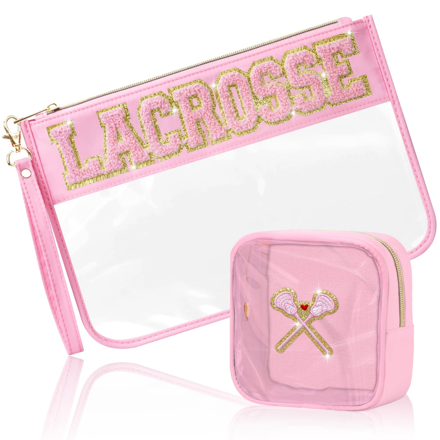 BuyCard 2 Pcs Lacrosse Gifts Makeup Bag with Chenille Letter Patch, Clear Cosmetic Pouch PVC Organizer Purse, Waterproof Travel Bag, Portable Toiletry Storage Bag for Her Girls Friends Women