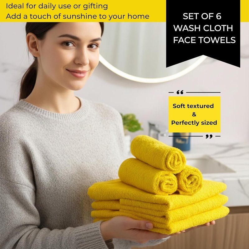 100% Cotton Yellow Wash Cloths - Soft Absorbent Terry Towels | 12"x12" | 6 Pack for Adults & Kids