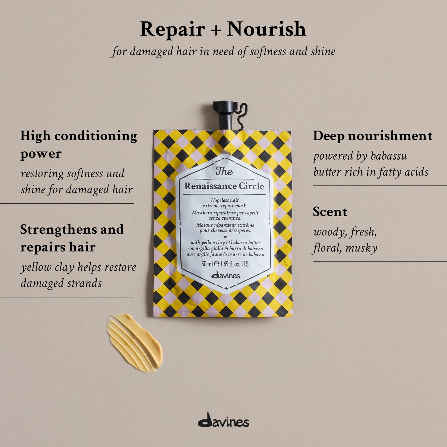 Davines The Renaissance Circle Hair Mask, Repairing Treatment for Extremely Damaged Hair - Restores Structure & Softness with Babassu Butter & Yellow Clay - Deep Conditioning, 1.69 Fl Oz