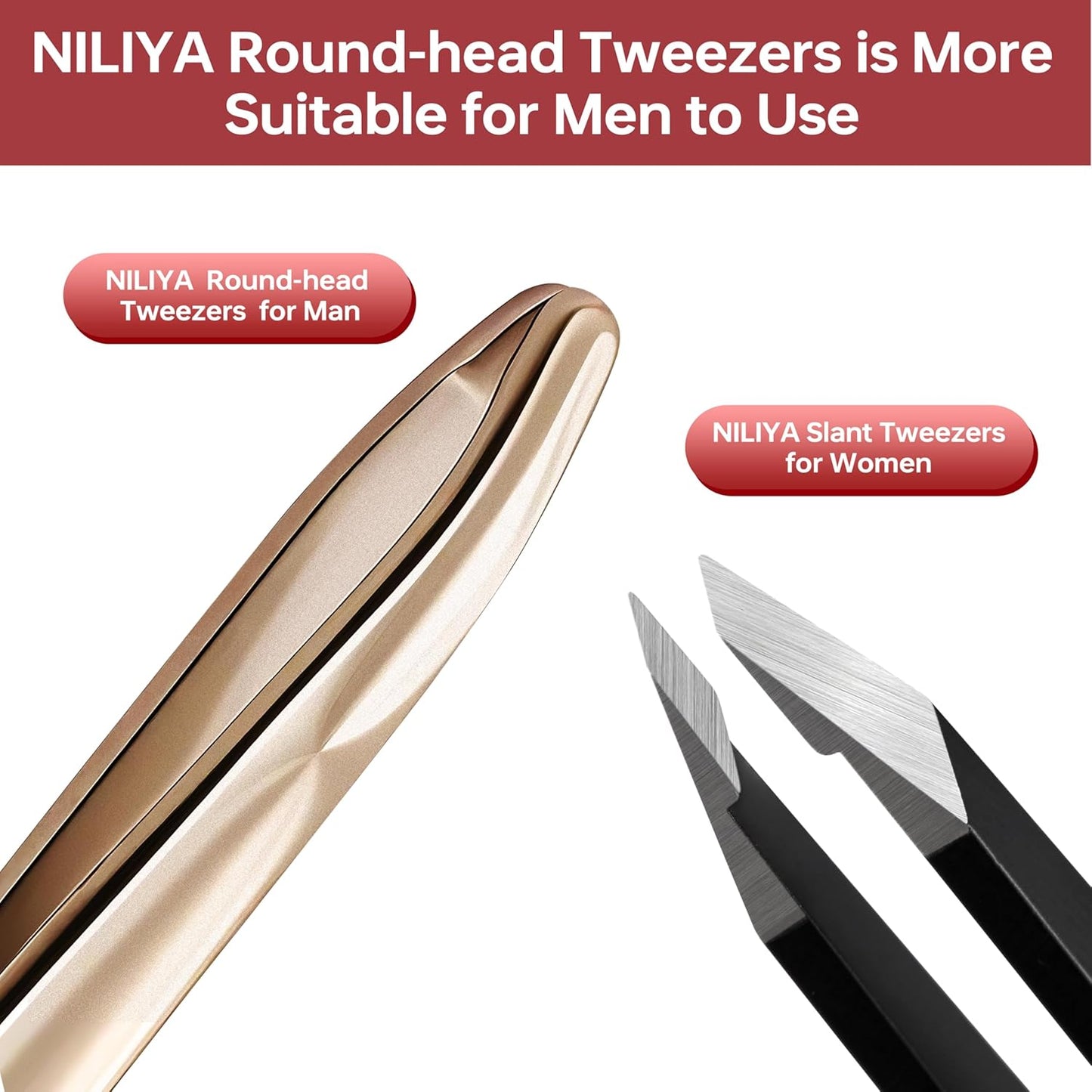 Professional Round Tip Tweezers for Men - Chin Plucker with Leather Travel Case | Light Gold