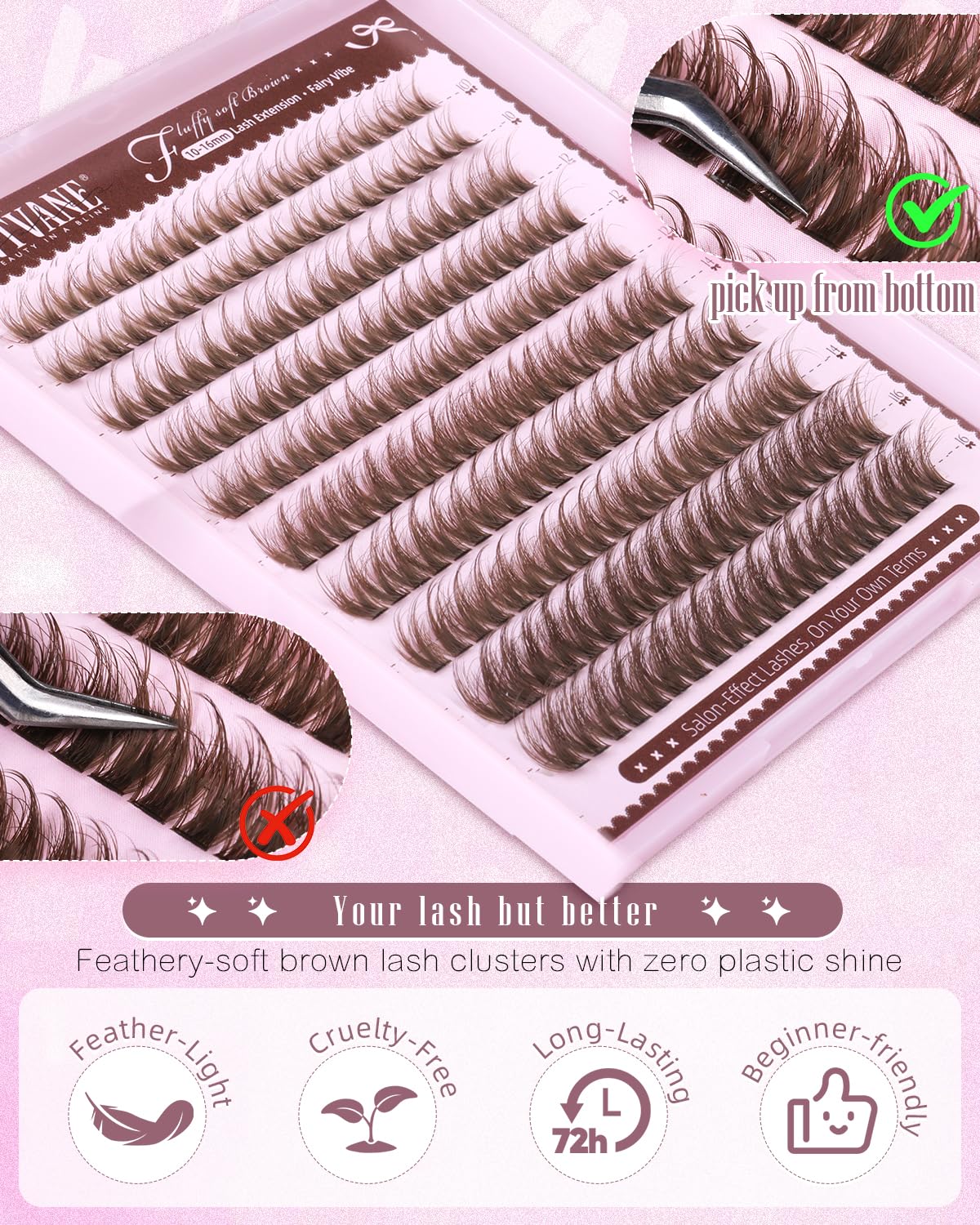 Fluffy Brown Lash Clusters - Natural 10-16mm Eyelash Extensions | Wispy Dark Brown Individual Lashes with Soft Band