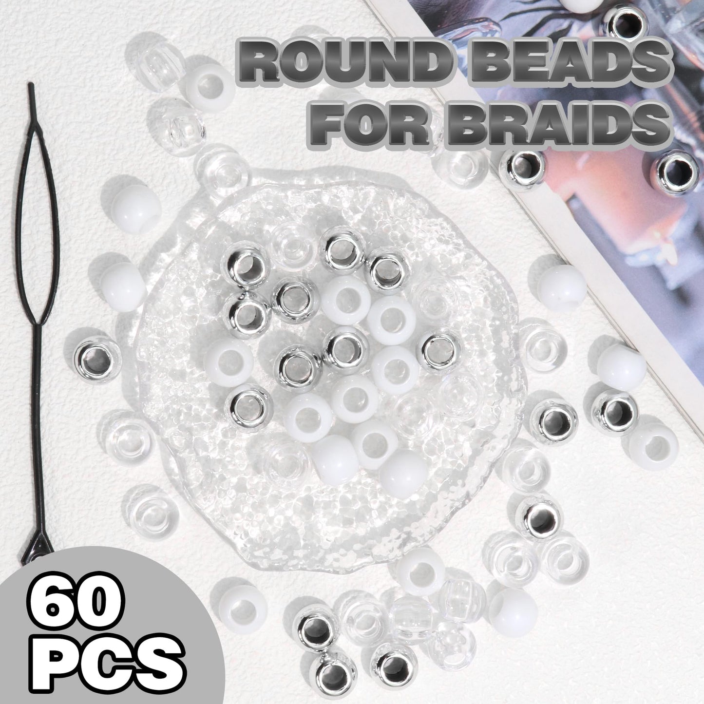 NAISKA 60PCS Clear Hair Beads Acrylic Beads for Braids Round Pony Bead Hair Bead for Kids Girls Silver Dreadlock Hair Decoration Loc Hair Accessories for Unisex