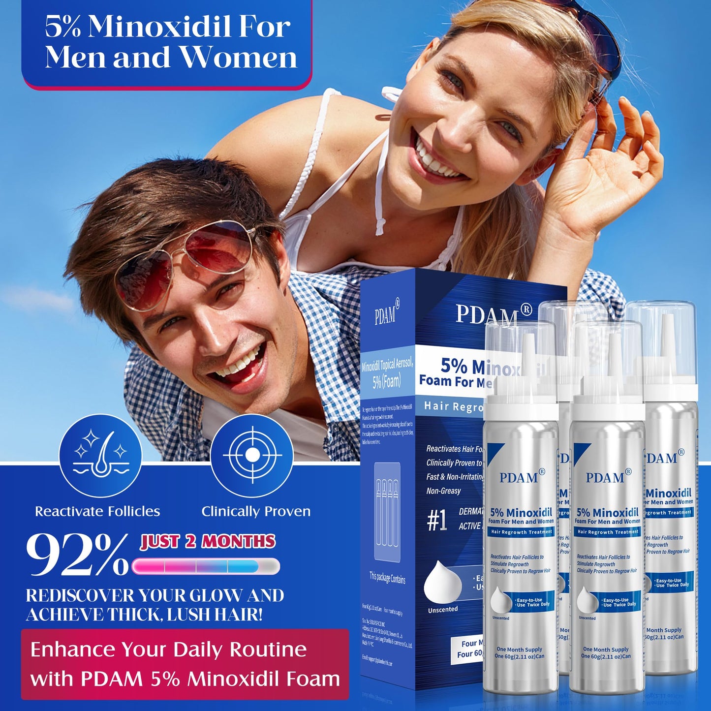 PDAM 5% Minoxidil for Men and Women Foam – Clinically Proven Regrowth for Thinning Hair, Topical Hair Loss Treatment, Extra Strength Foam for Thicker, Fuller Hair, 4-Month Supply (4 x 2.11 oz)