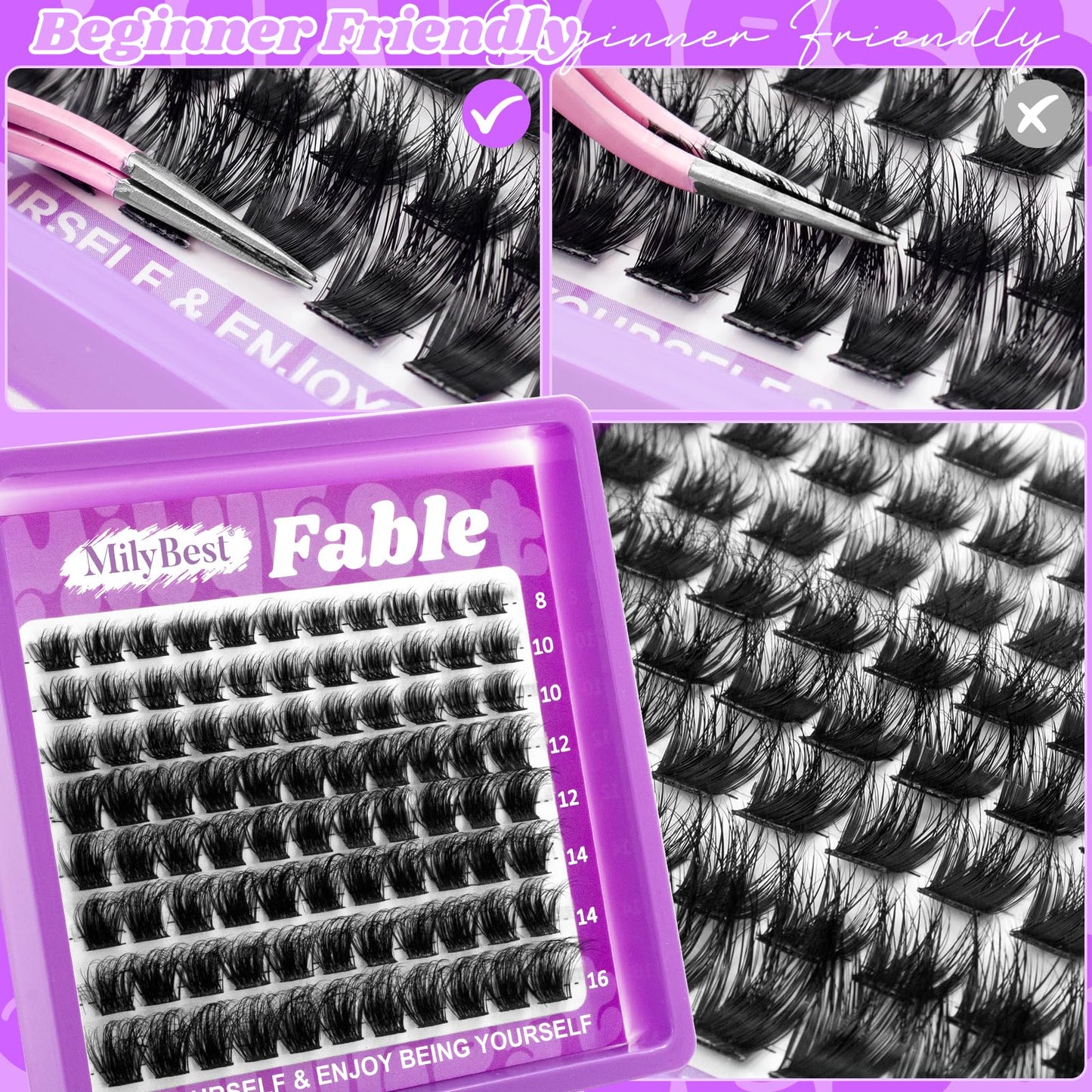 MilyBest Fable Lash Clusters, Fluffy Wispy Cluster Eyelash Extensions, 88pcs DIY Individual Lashes D Curl - Natural Volume to Fairy Glam, 8-16mm Eyelash Clusters