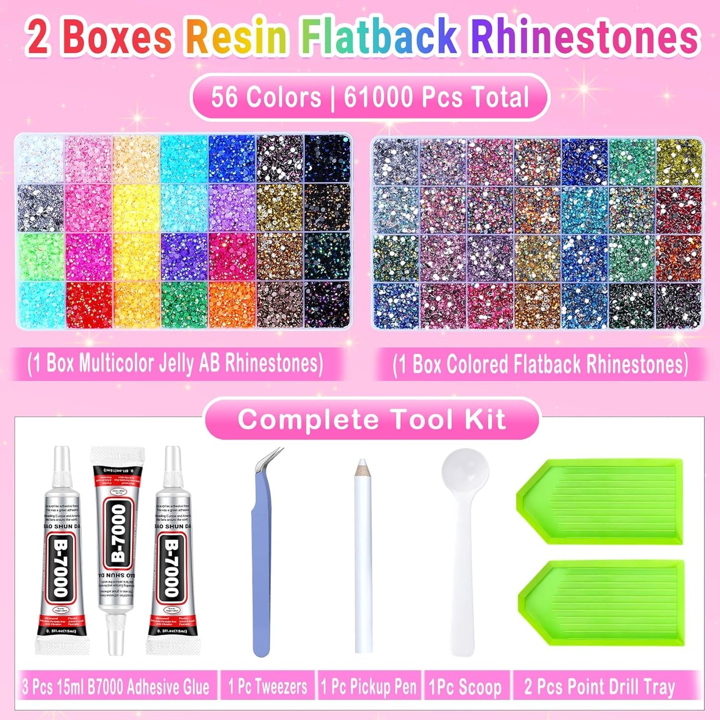 Jelly Rhinestones - 61000 Pcs Multicolor 3mm Flatback Gems for Crafting | Includes 3 Pcs B7000 Jewelry Glue