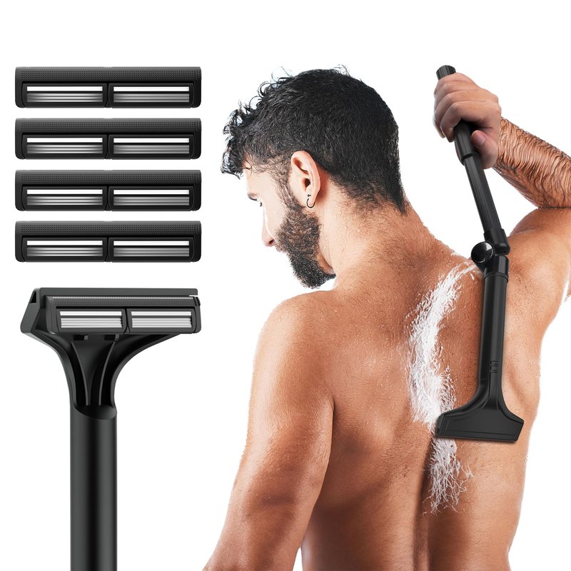NUBACK Manual Back Shaver for Men with Long Extendable Handle, Body Back Hair Trimmer for Men with 4 Replaceable Blades, Self-Service Body Groomer Razor, Wet & Dry Shaver for Easy Hair Removal