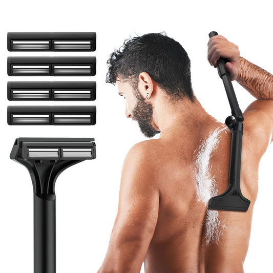NUBACK Back Shaver for Men with Long Extendable Handle, Body Back Hair Trimmer for Men with 4 Replaceable Blades, Self-Service Body Groomer Razor, Wet & Dry Mens Back Shaver for Easy Hair Removal Blue