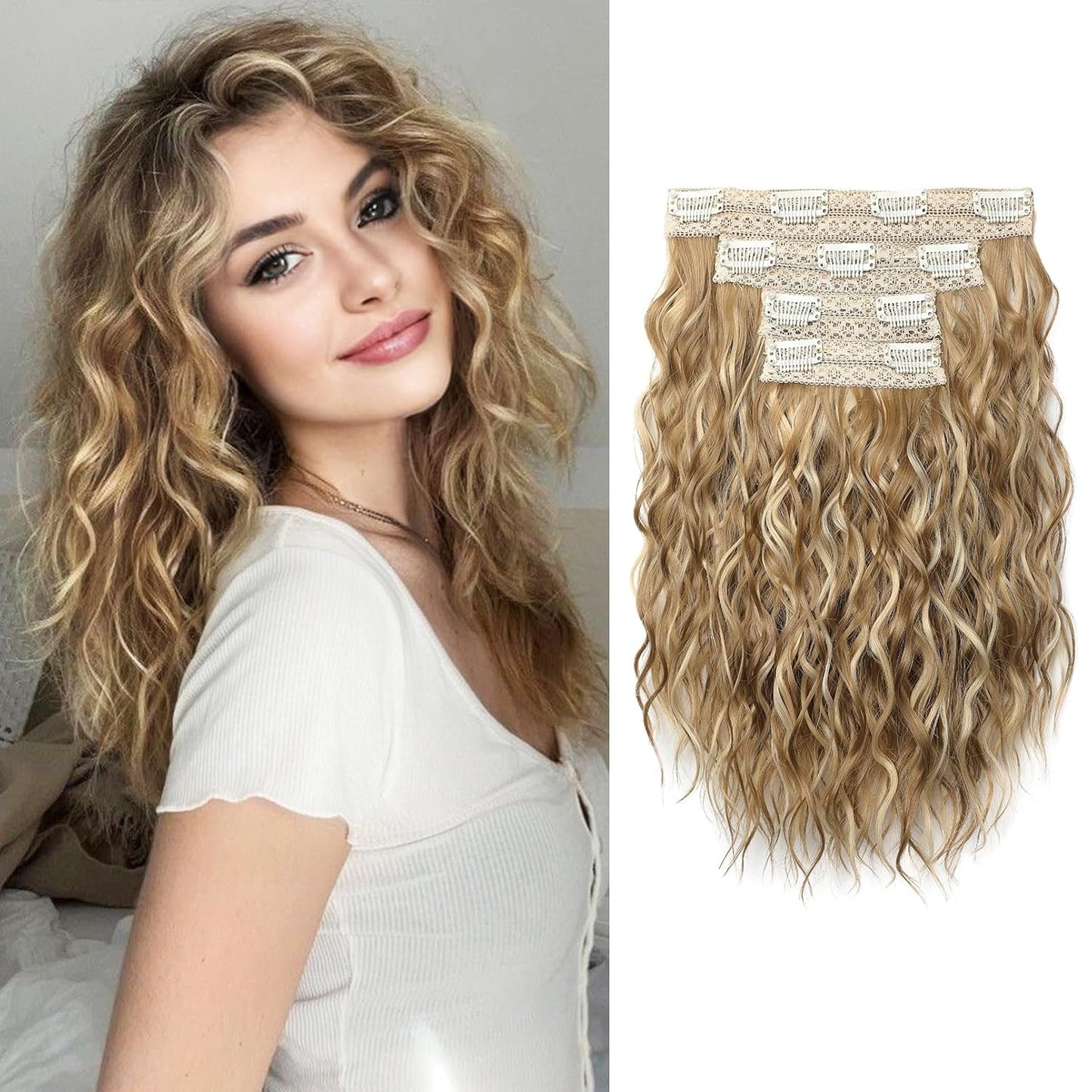 Clip-In Hair Extensions - 12" Short Curly Wavy Blonde Hairpieces | Invisible Lace Weft, Natural Soft Finish