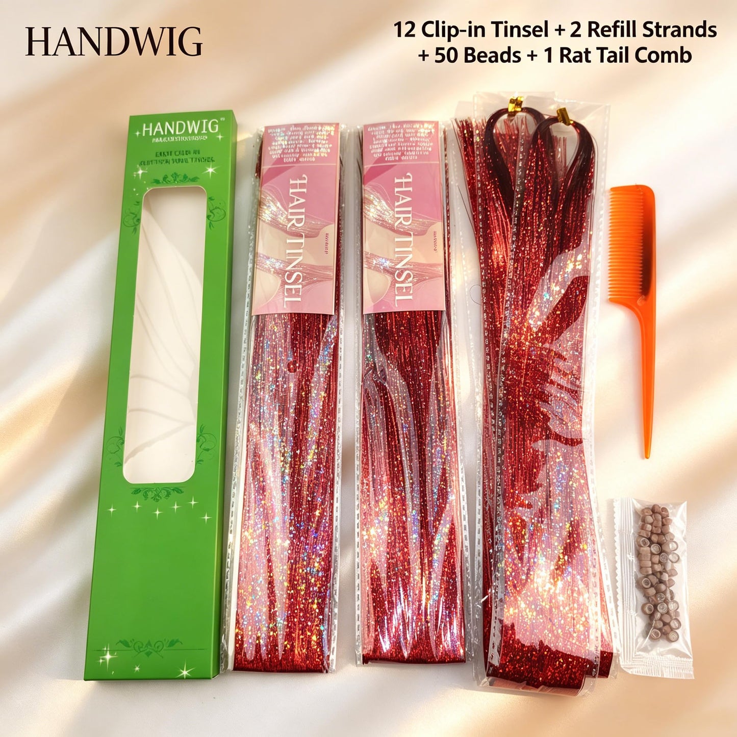 Handwig 80 Strands Bright Red Hair Tinsel, 2-in-1 Kit Vibrant Shine