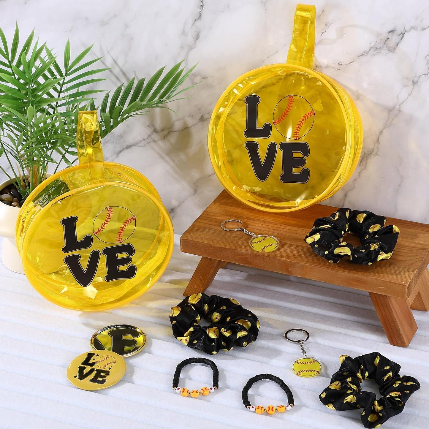 Softball Team Gifts - 60 Pcs Sports Accessories Set | PVC Cosmetic Bag, Keychains, Makeup Mirror & More