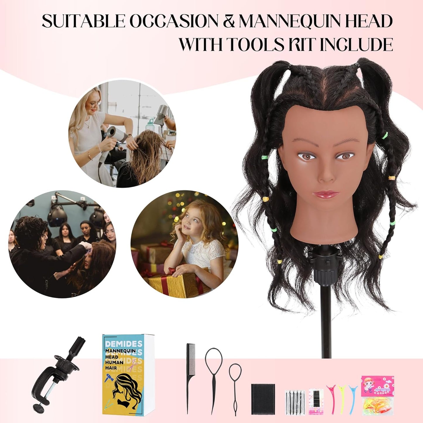 Mannequin Head - 100% Real Human Hair 16” Cosmetology Doll Head for Hair Styling & Braiding | Black