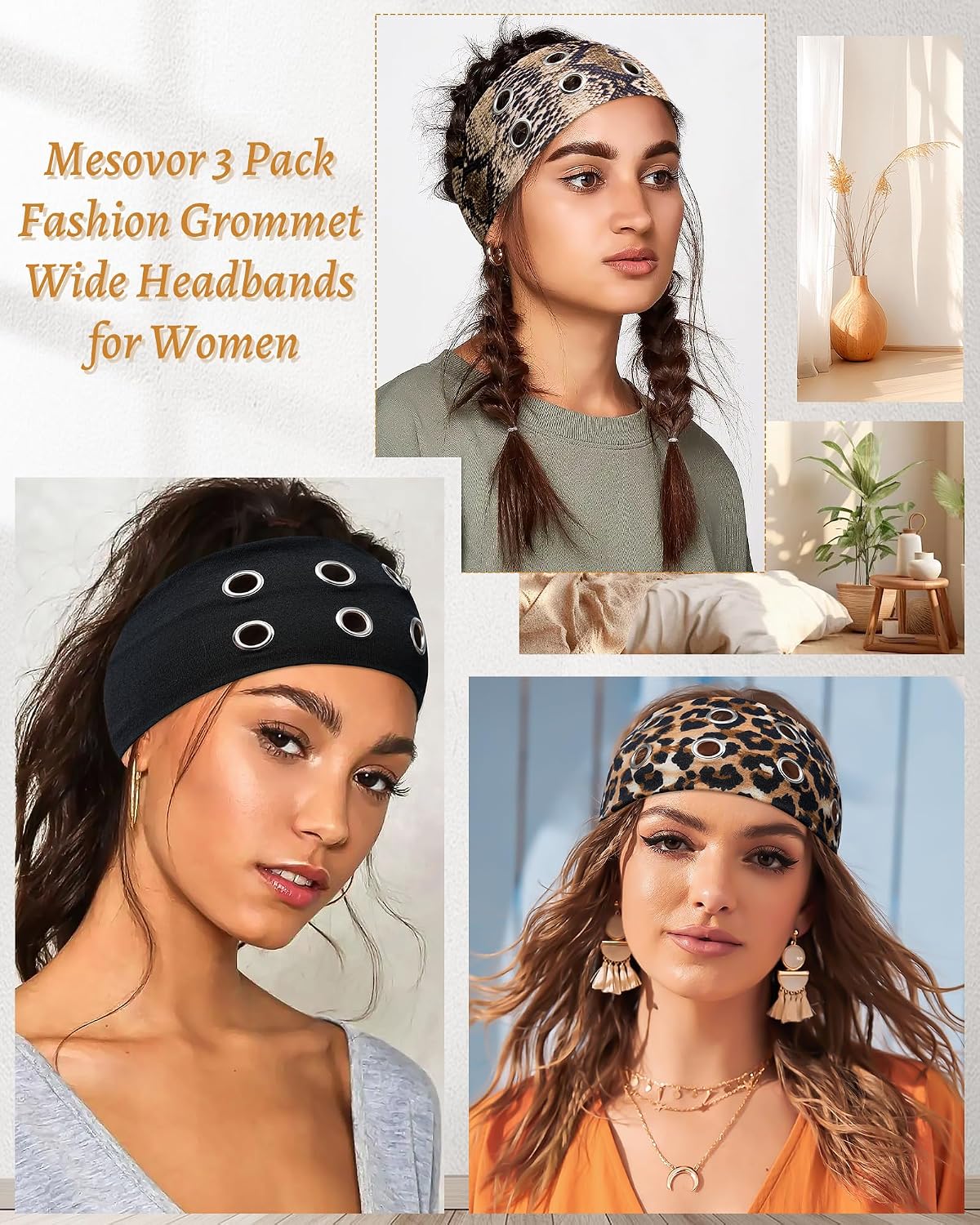 Fashion Grommet Wide Headbands for Women - 3 Pack Hollow Out Elastic Hair Accessories | Black, Snakeskin, Leopard, 3.9" Wide