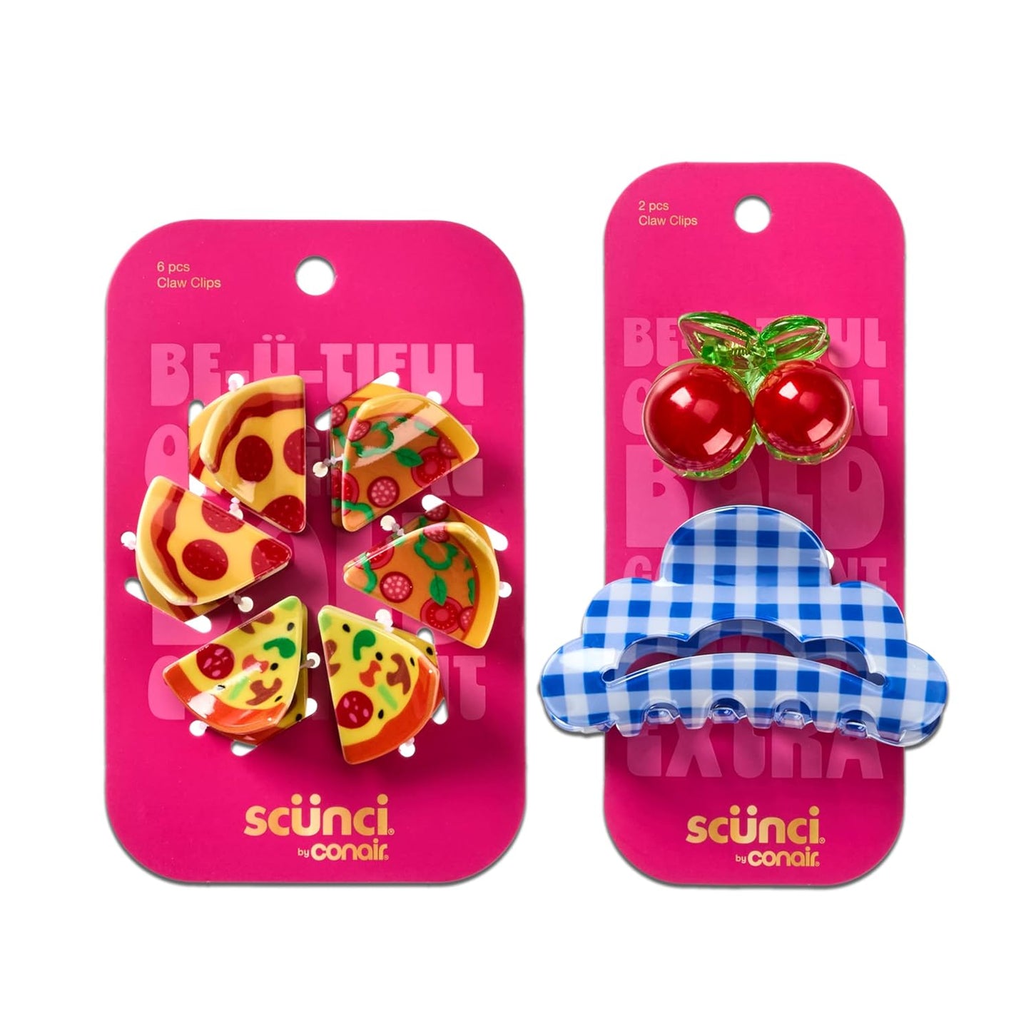 Scunci Novelty Food Claw Clips - Fun Mini Pizza & Cherry Hair Clips | 8PK, Trendy for All Hair Types