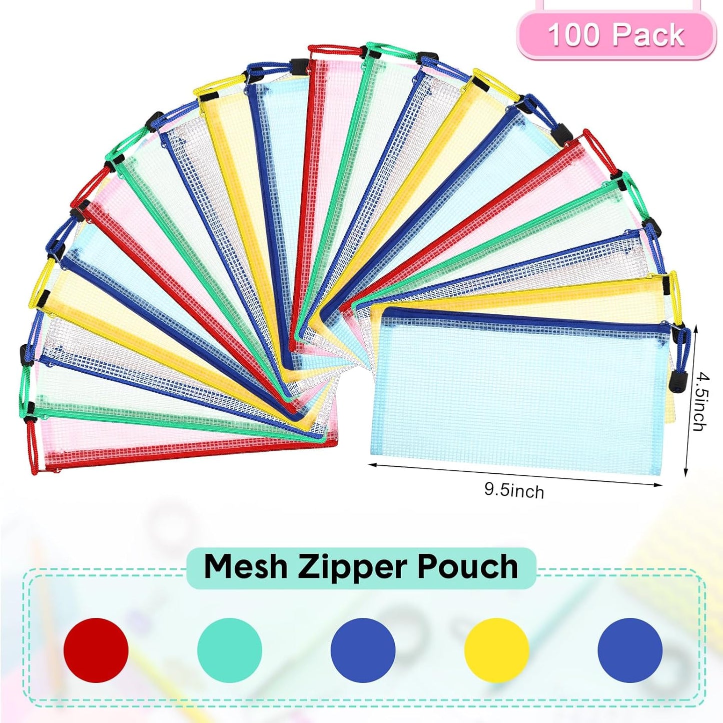 Pencil Pouch Bulk - 100 Pack Mesh Zipper Cases for Office & Cosmetics | 9.5'' x 4.5'' Vivid Color Storage Bags