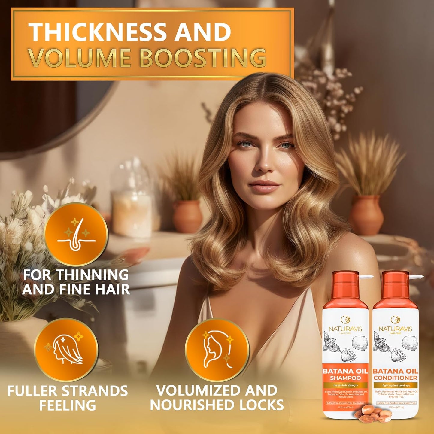 Batana Oil Shampoo & Conditioner Set - Sulfate-Free Volumizing Formula for Fine Hair | 16 Fl Oz (Set of 2)