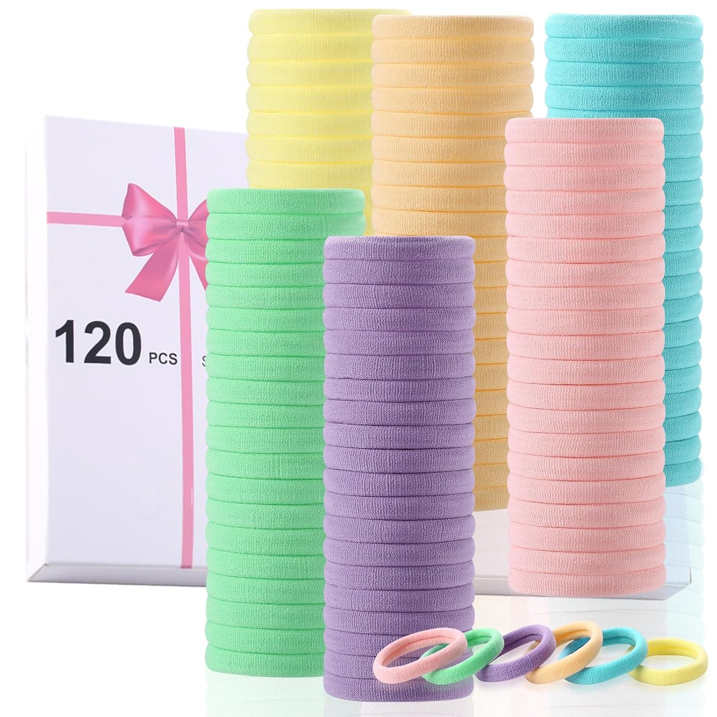 LuSeren 120PCS Soft Hair Ties - Ouchless Nylon Ponytail Holders | Seamless Fabric, Natural Colors