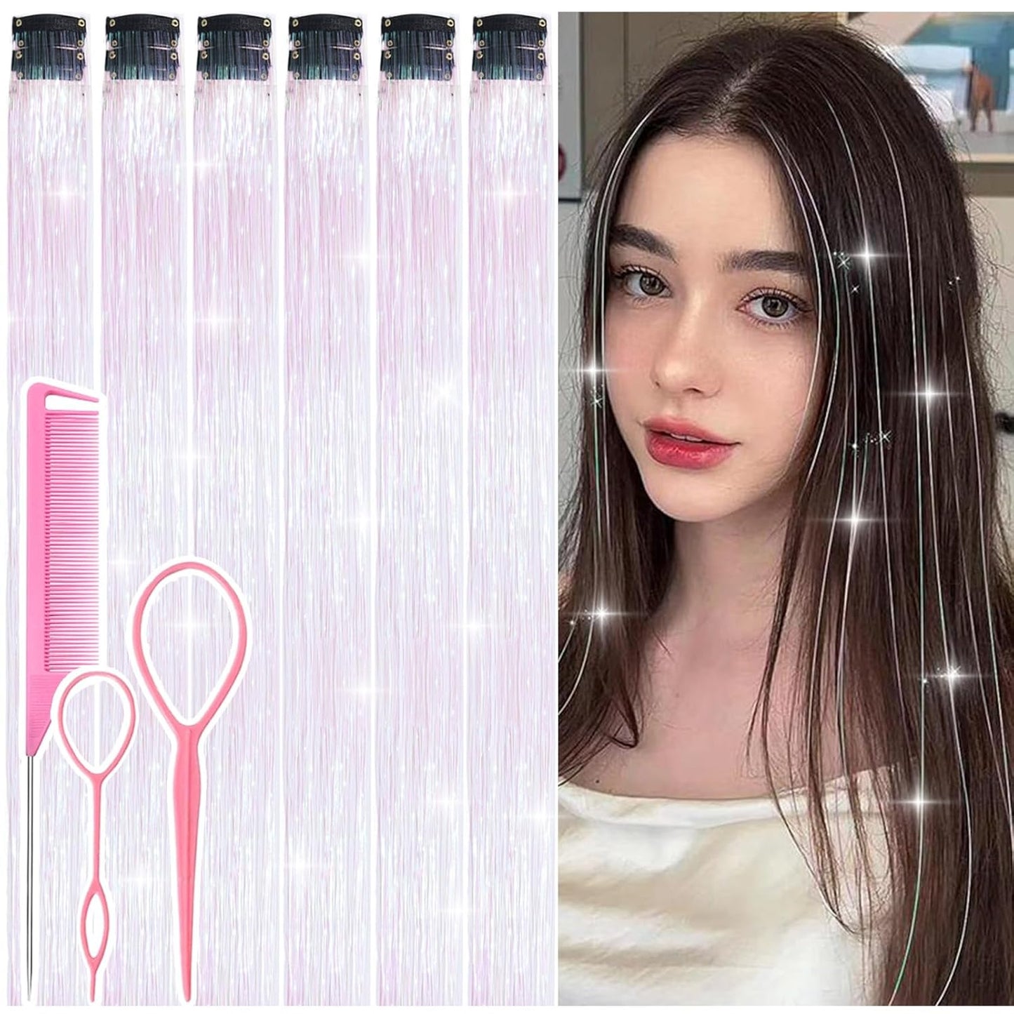 Hair Tinsel Kit - 12 Pcs Colorful Glitter Clip-In Extensions | 24 Inch for Girls, Women & Kids