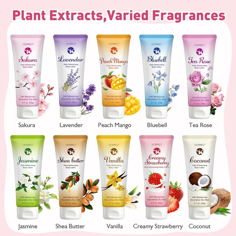 Moisture Lotion Set - 10 Pack Travel Size Body & Hand Lotion with Shea Butter | Perfect Gift for Women, Mothers Day, Teachers