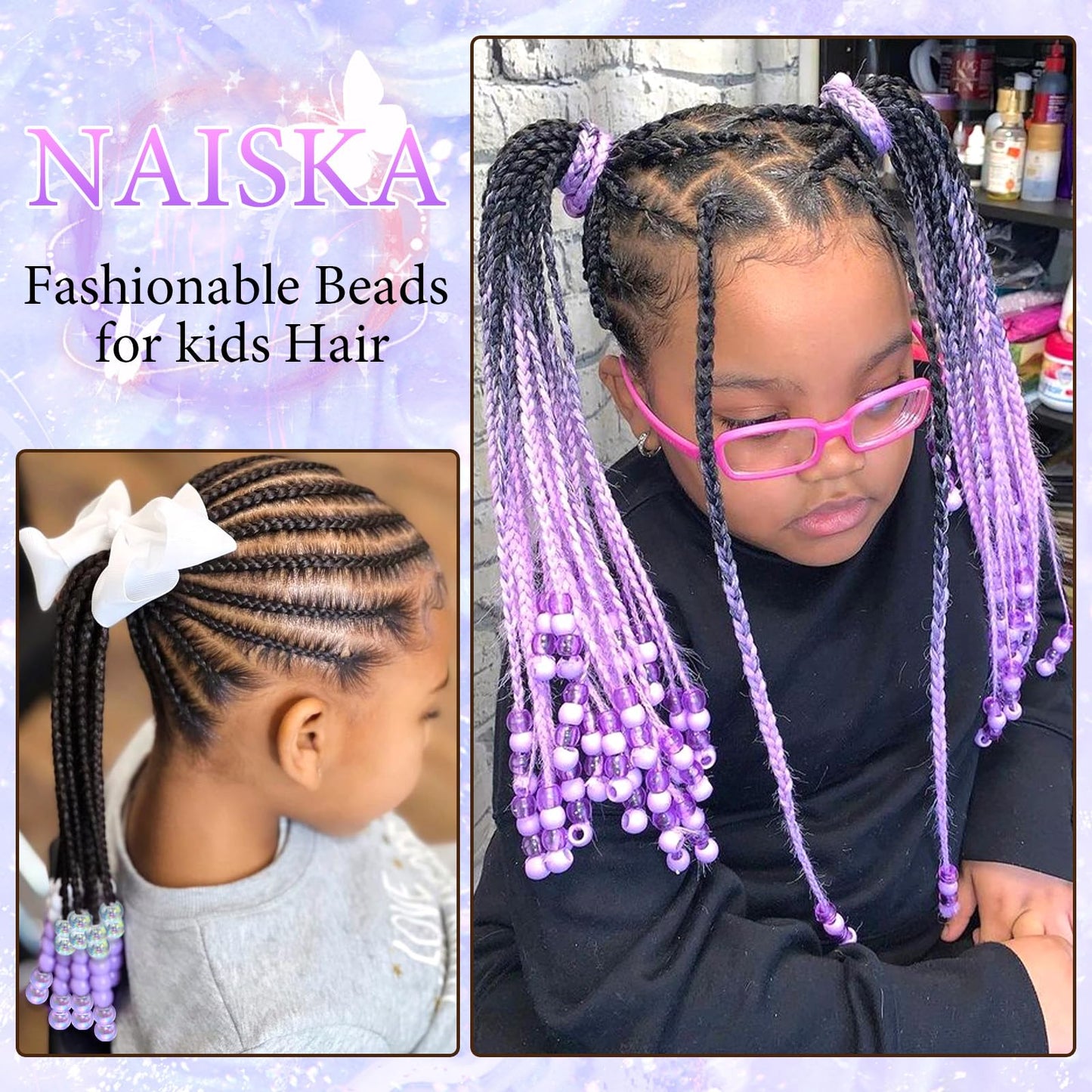 NAISKA 60Pcs Purple Hair Beads for Kids Girls Acrylic Beads for Hair White Clear Cute Bead for Braids Small Pony Beaded Hair Clips Toddler Dreadlock Bead Braid Clips Accessories for Women