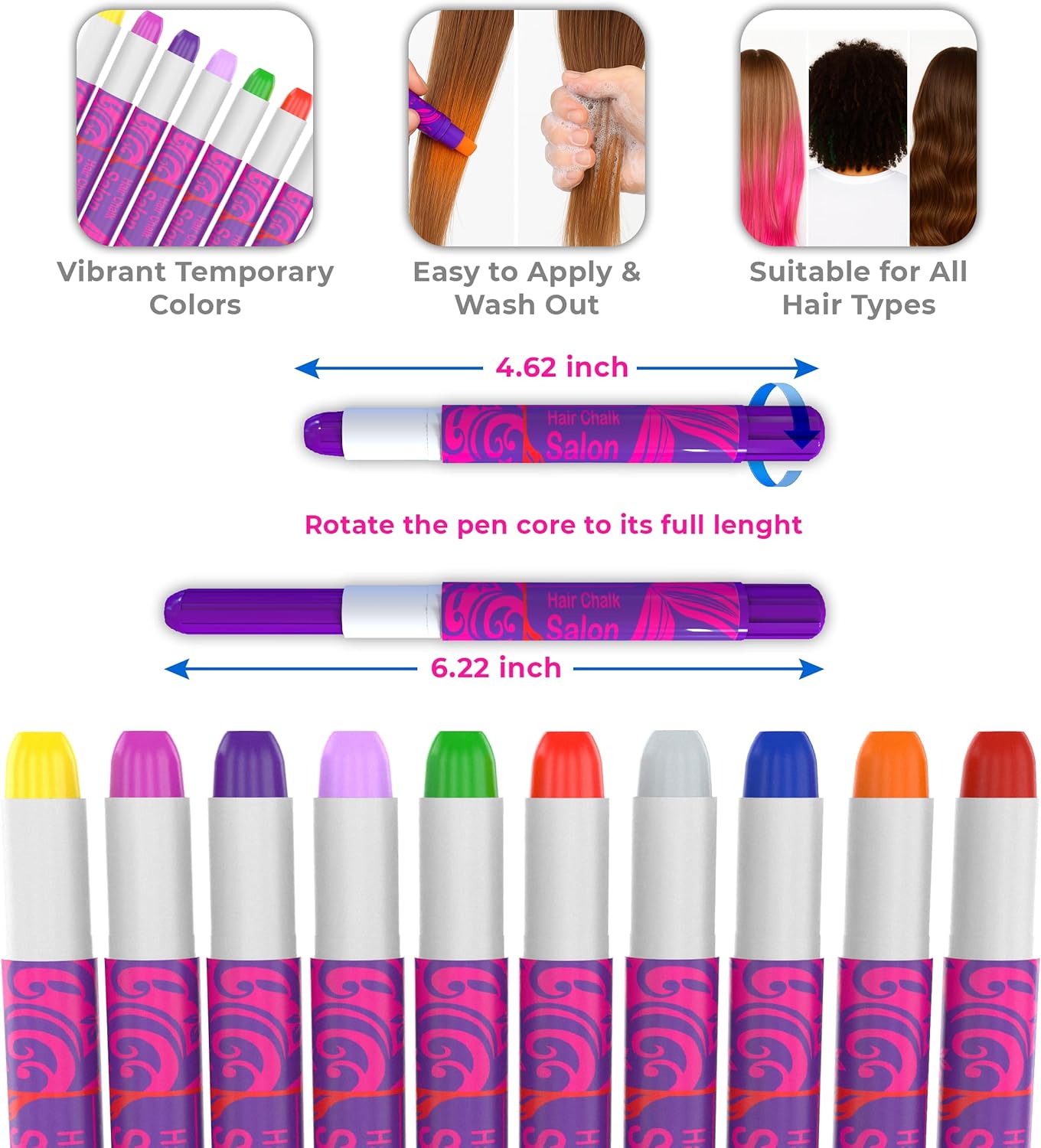 Hair Chalk Set for Girls - 10 Washable Temporary Color Pens | Perfect for Makeup, Dress-Up & Party Activities