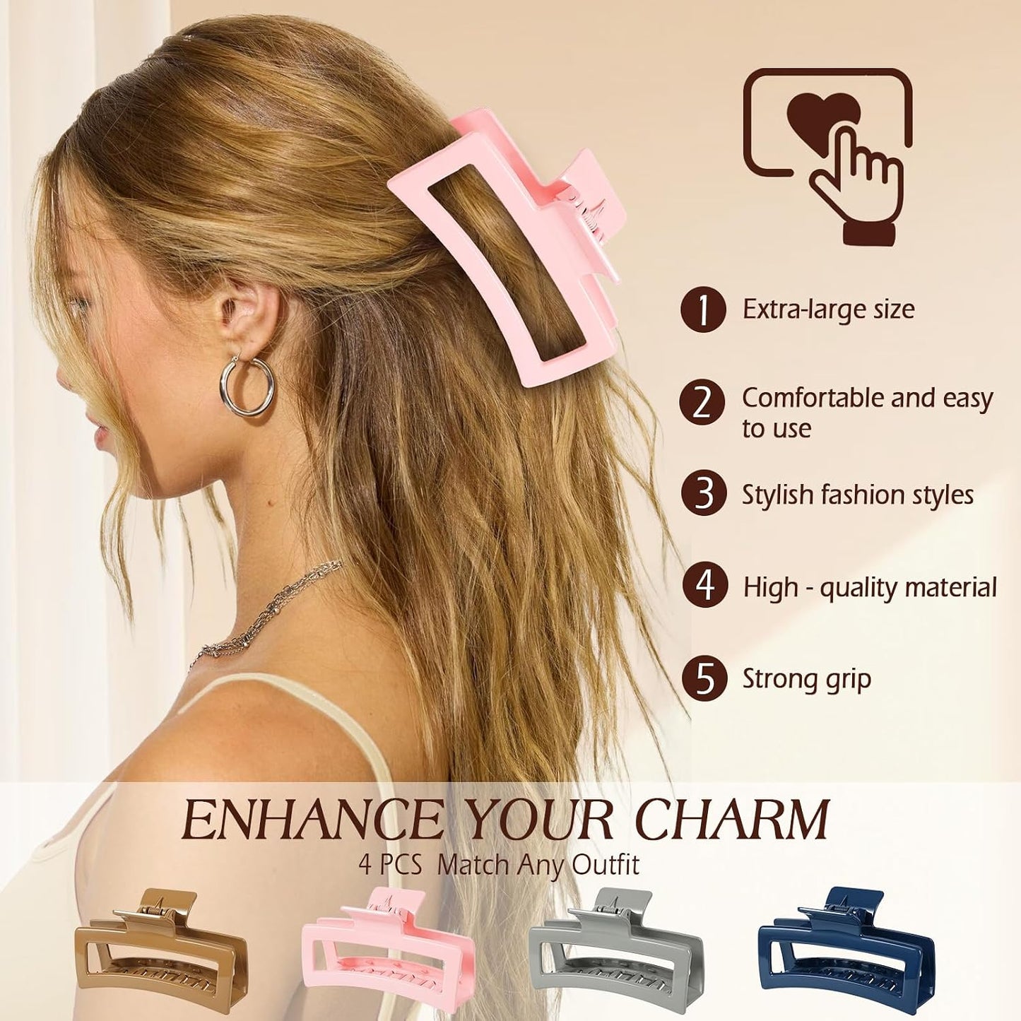 Extra Large Claw Clips for Women - 4 PCS Jumbo Matte Hair Claws for Thick Long Curly Hair | Non-Slip Rectangle Design