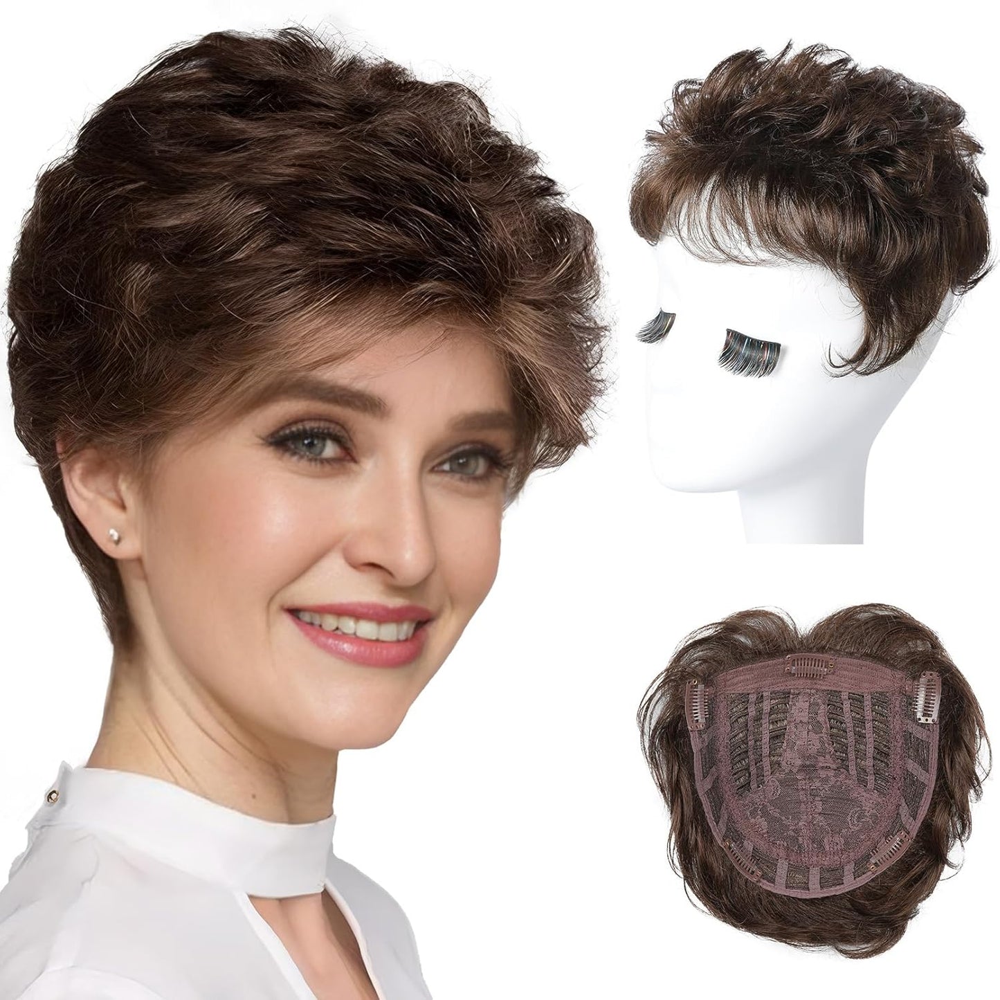Hair Topper for Women | Short Synthetic Wiglet with Large Coverage - Dark Chocolate Brown