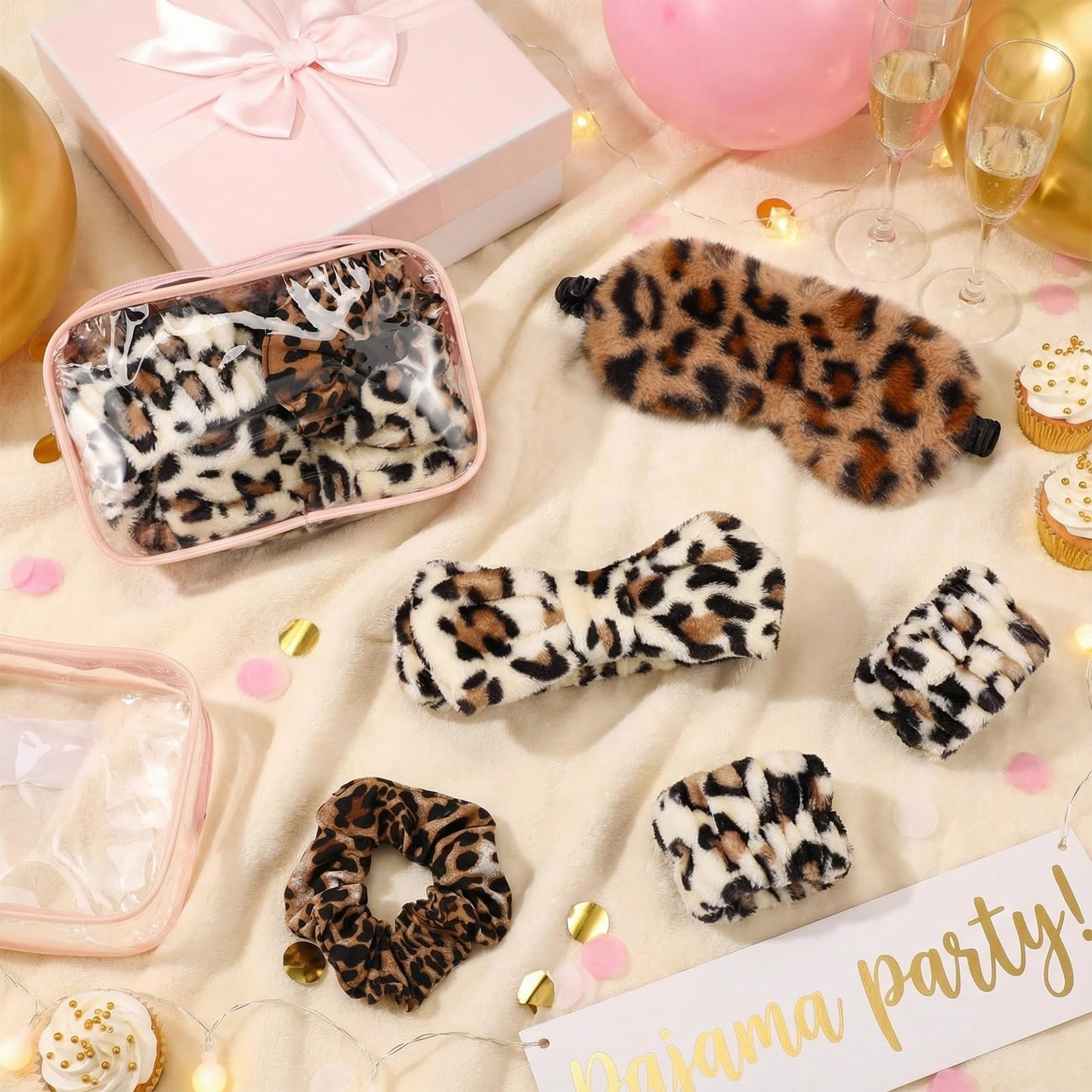Hoteam 10 Pcs Slumber Party Supplies for Women Spa Sleepover Party Favor Spa Headband Wristband Sleep Eye Mask Velvet Scrunchies for Skin Care Makeup Slumber Night Favor(Leopard Print)