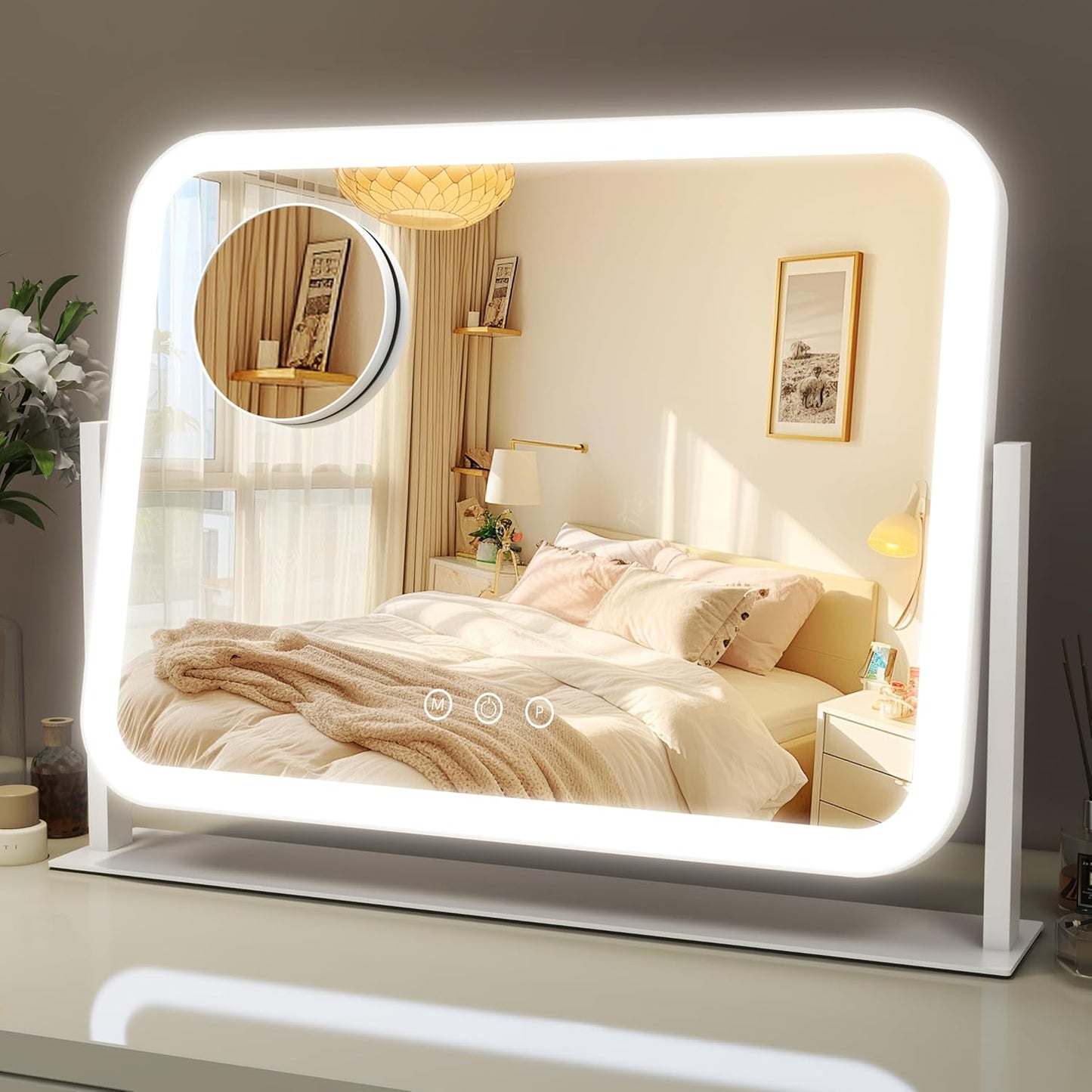 Lighted Makeup Mirror - 10X Magnification Vanity Mirror with 3 Color Modes | 17"x13" Smart Touch Control, 360° Rotation (White)