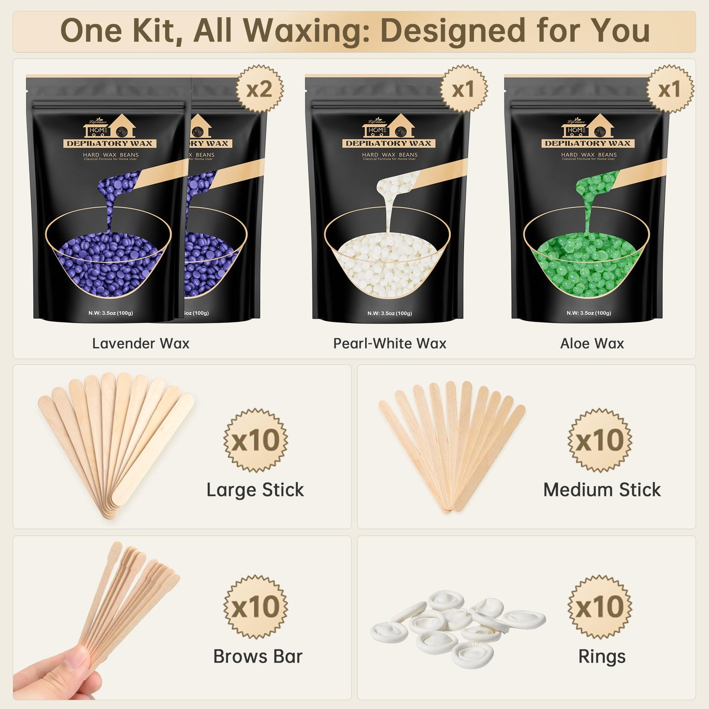 Lifestance Wax Beads Set, 4 Kinds of Waxing Beads, Hard Wax Beans with 44 Items Silicone Spatulas, Perfect for Any Waxing Warmers for Hair Removal for Eyebrow, Face, Body