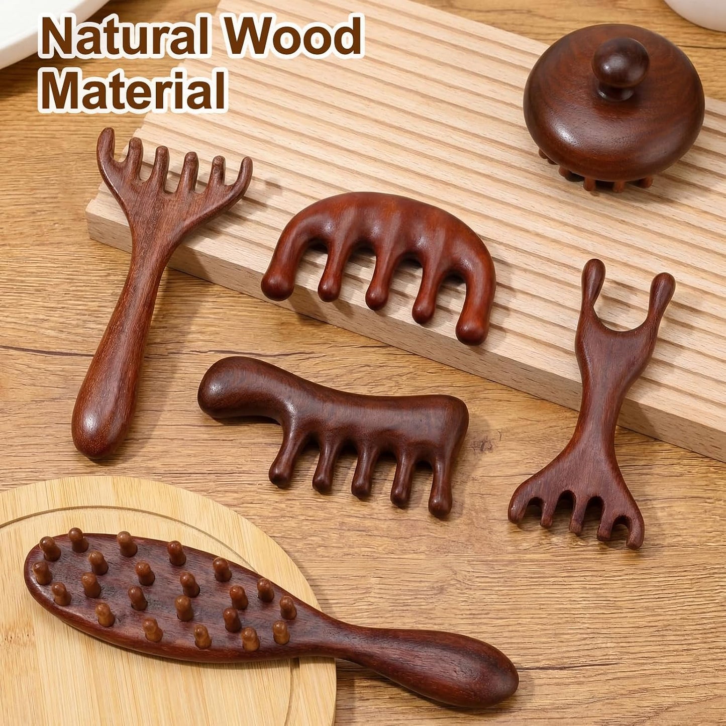 Natural Wooden Scalp Massager Comb Set - 6 Pcs with Flocked Storage Bag | Stress Relief & Hair Growth Tool