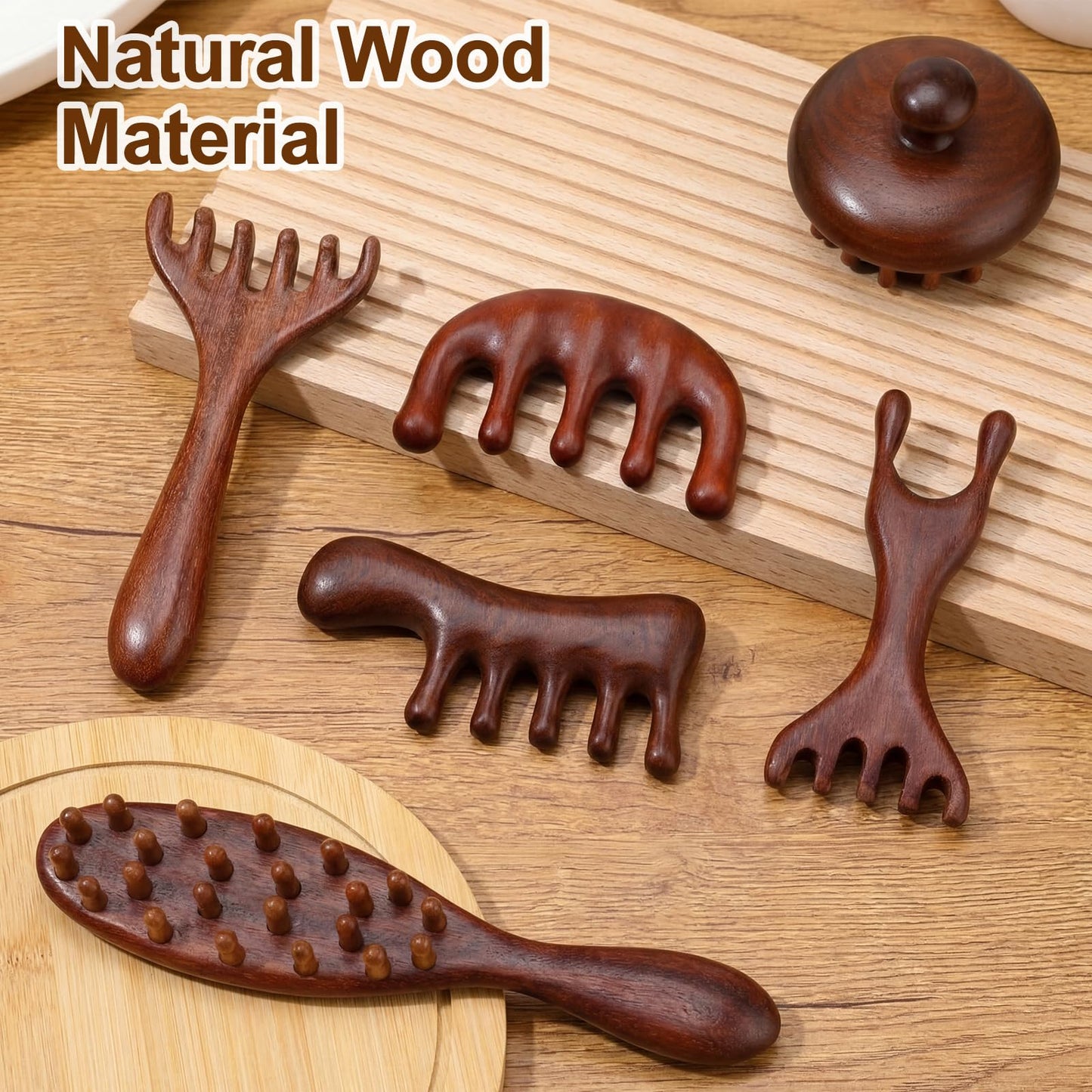 Yiyiring 6 Pcs Natural Wooden Scalp Massager Comb Tool Set with Flocked Storage Bag Scalp Massage Tool for Stress Relief, Gua Sha & Therapy for Women Men Hair Growth Body Therapy